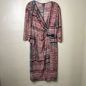 COVINGTON Dress Red & Tan Faux Wrap Aztec Pattern Flattering Silhouette 2X